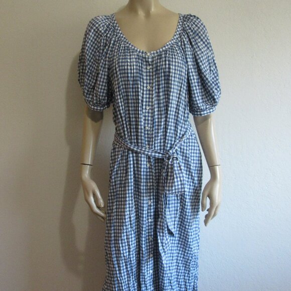 DOEN Blue & White Gingham Check Midi Button L Puffy Sleeves Waist Sash Dress - Picture 1 of 5
